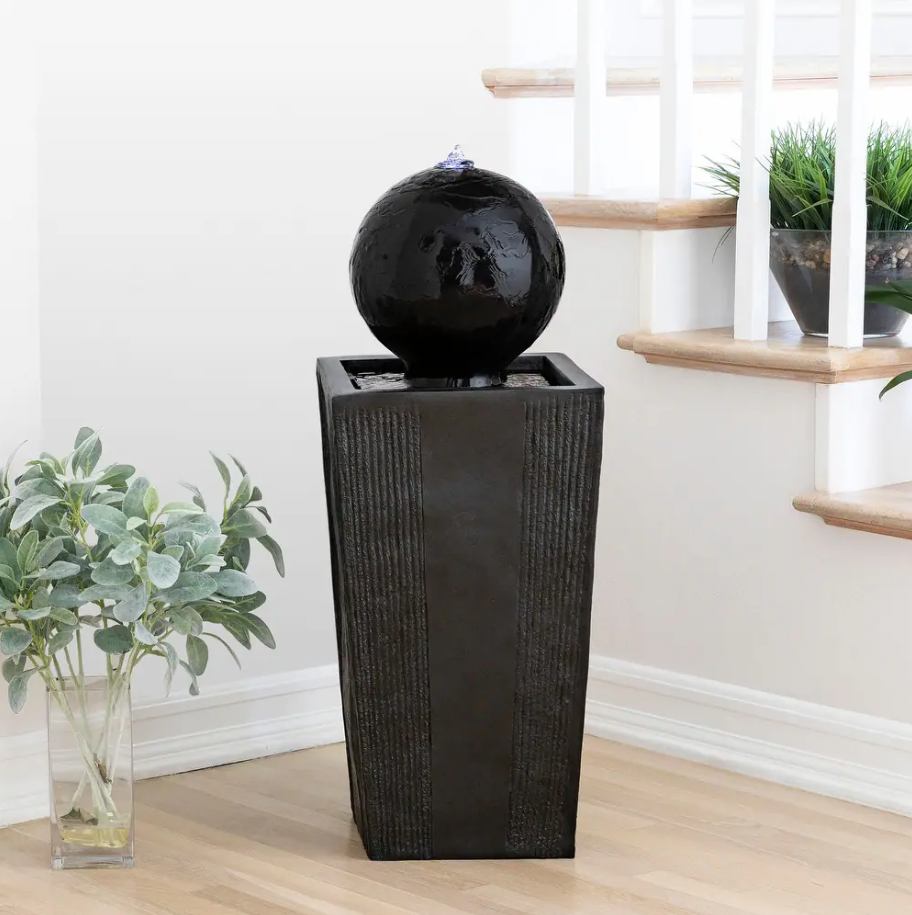 Alpine 33" Black Sphere Pedestal Fountain