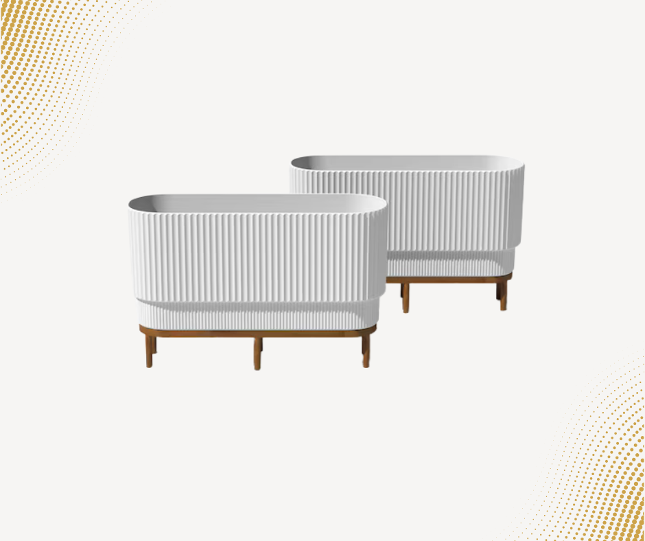 2-Pack 30” Rectangular Planter with Acacia Wood Stand – Modern Plastic-Stone Composite Indoor/Outdoor Planters