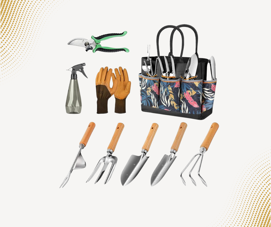 9-Piece Stainless Steel Gardening Tool Set with Floral Tote Bag – Heavy-Duty, Rust-Proof Garden Hand Tools for Women