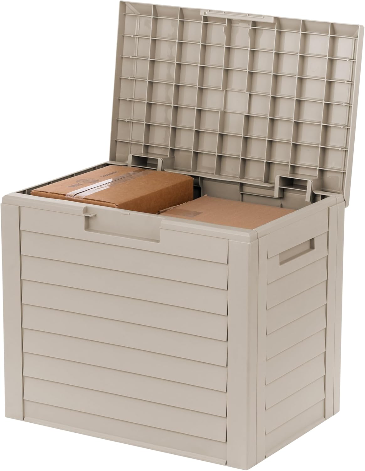 35-Gallon Lockable Outdoor Deck Box – Weatherproof Resin Storage for Packages & Patio Essentials (Beige)