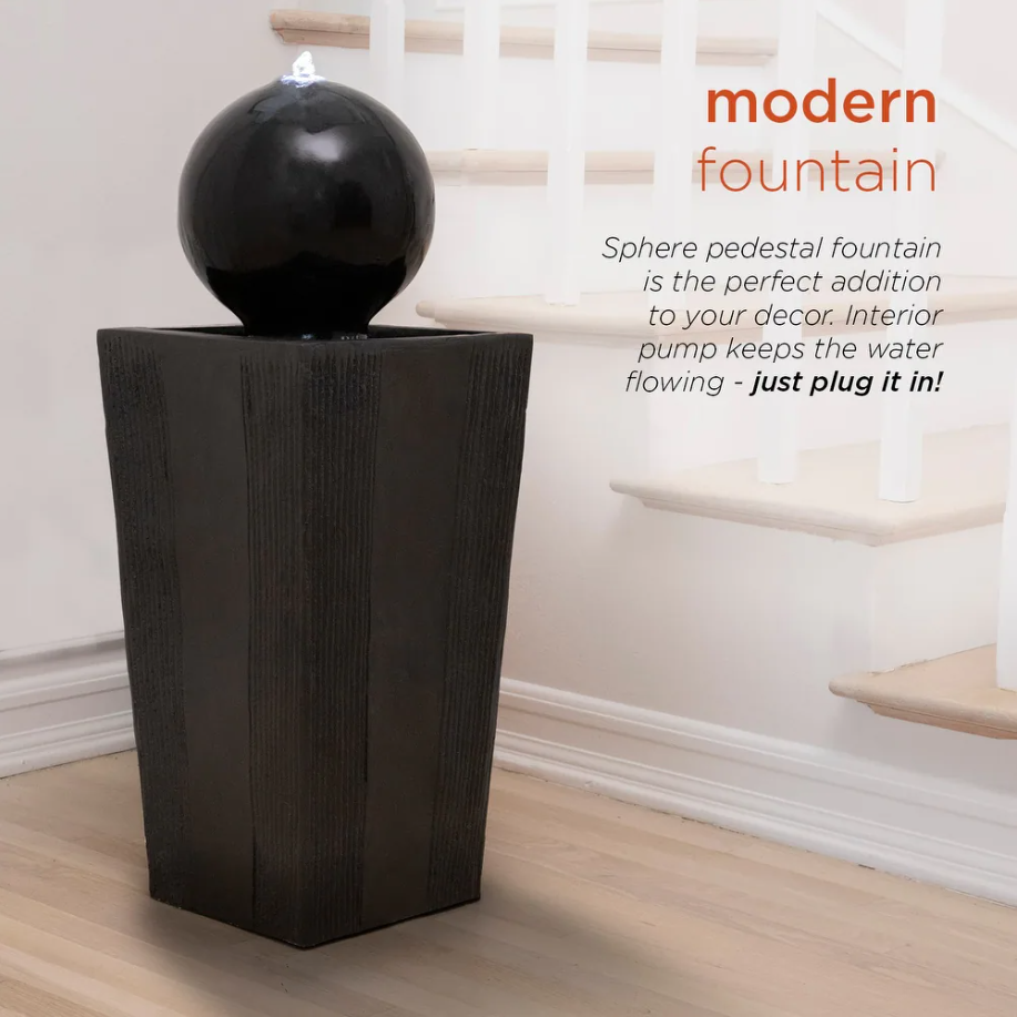 Alpine 33" Black Sphere Pedestal Fountain