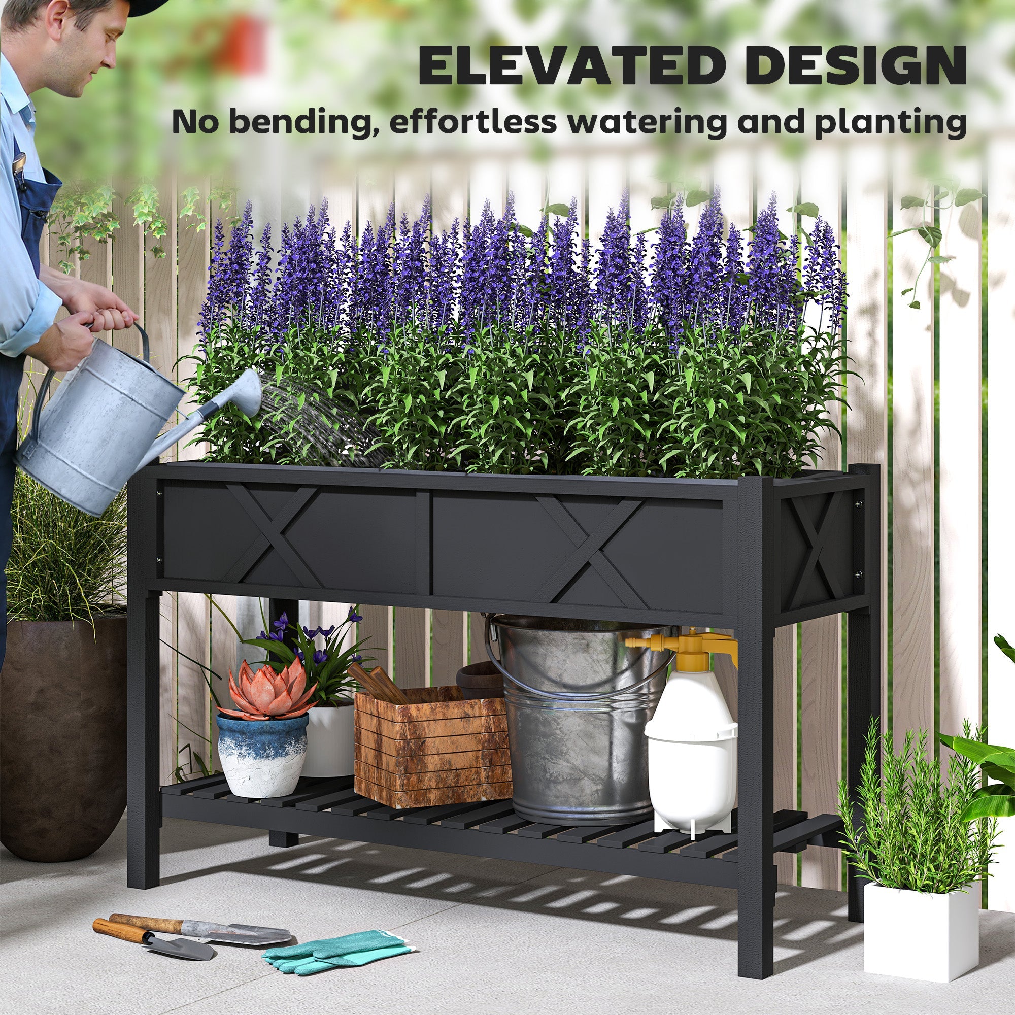 47" Black Wood Elevated Garden Bed with Storage Shelf - Outdoor Home UpgradesFunctional Outdoor Problem - Solvers