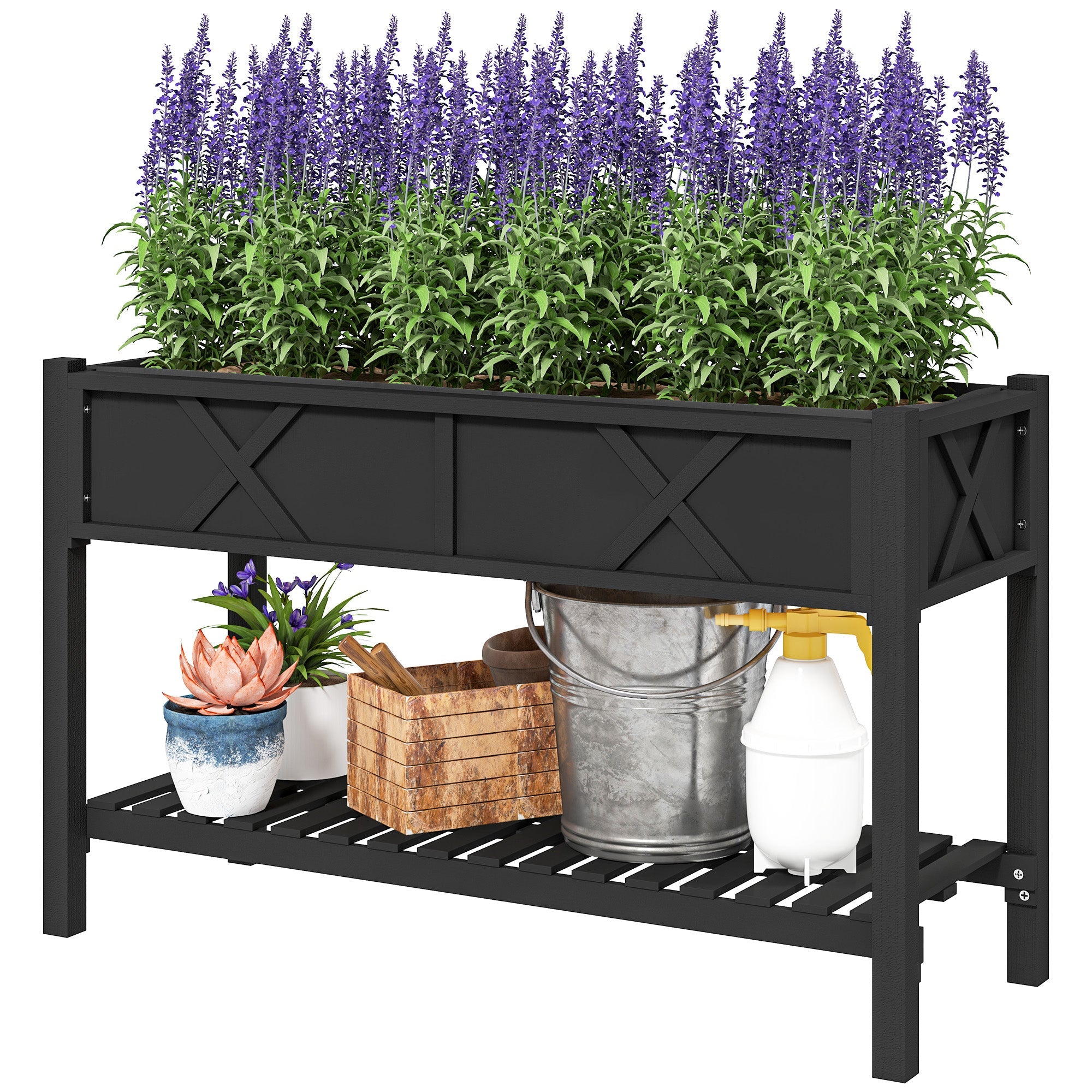 47" Black Wood Elevated Garden Bed with Storage Shelf - Outdoor Home UpgradesFunctional Outdoor Problem - Solvers