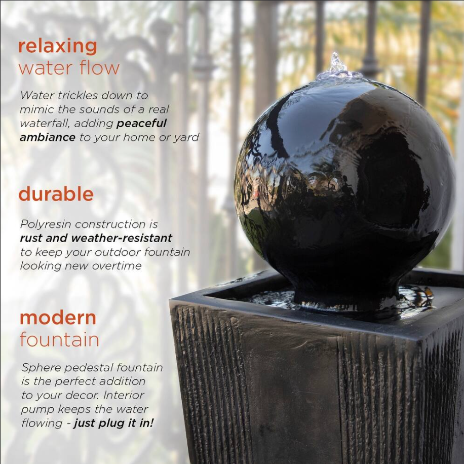 Alpine 33" Black Sphere Pedestal Fountain