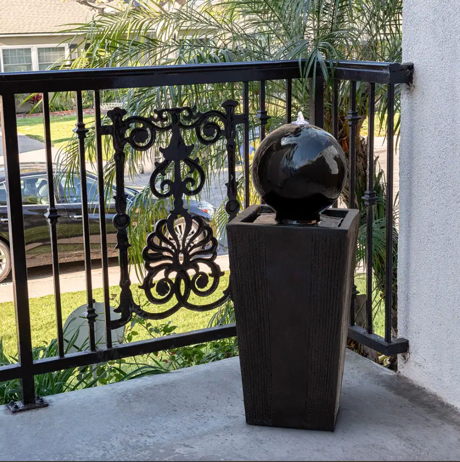 Alpine 33" Black Sphere Pedestal Fountain