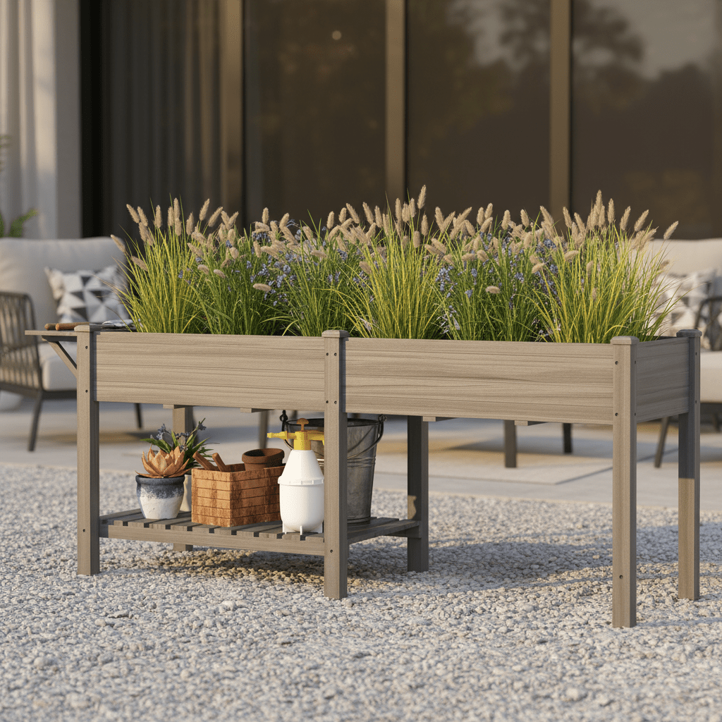 82" Gray Wood Elevated Garden Bed with Side Table & Shelf - Outdoor Home UpgradesFunctional Outdoor Problem - Solvers