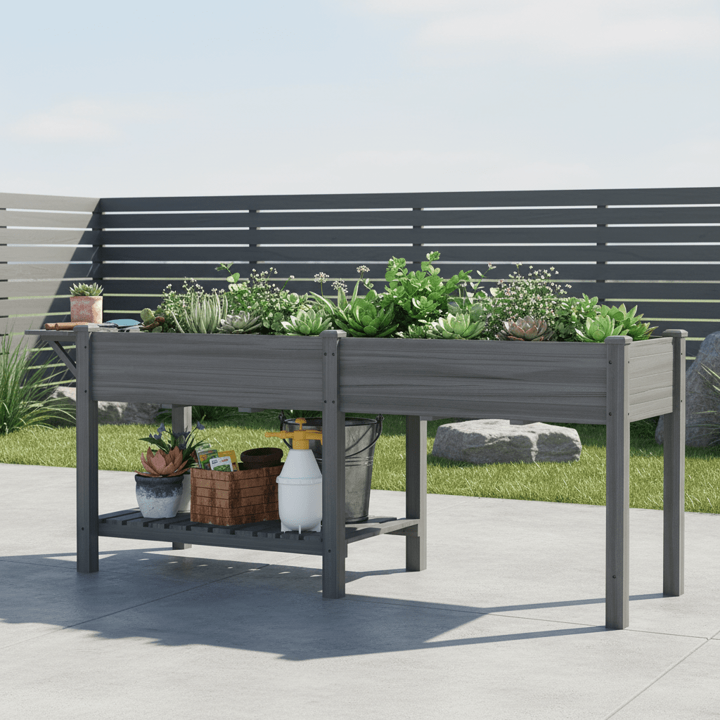 82" Gray Wood Elevated Garden Bed with Side Table & Shelf - Outdoor Home UpgradesFunctional Outdoor Problem - Solvers