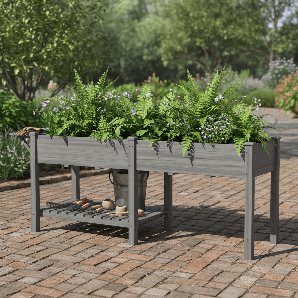 82" Gray Wood Elevated Garden Bed with Side Table & Shelf - Outdoor Home UpgradesFunctional Outdoor Problem - Solvers