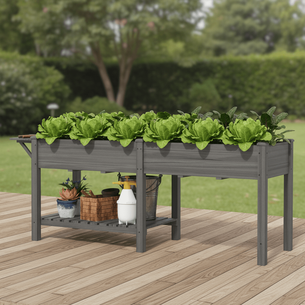 82" Gray Wood Elevated Garden Bed with Side Table & Shelf - Outdoor Home UpgradesFunctional Outdoor Problem - Solvers