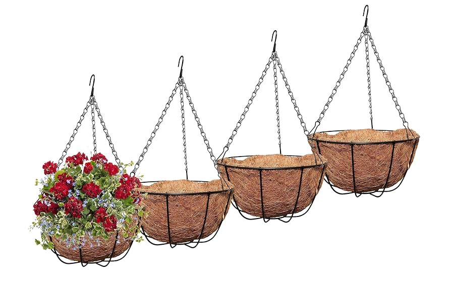 4-Pack 14” Hanging Planter Baskets with Coco Coir Liners – Metal Hanging Flower Pots