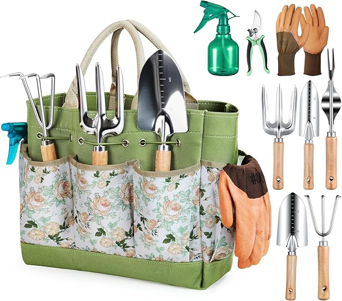 9-Piece Stainless Steel Gardening Tool Set with Floral Tote Bag – Heavy-Duty, Rust-Proof Garden Hand Tools for Women
