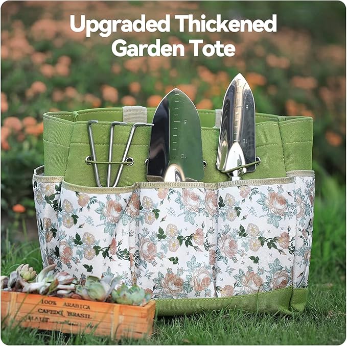 9-Piece Stainless Steel Gardening Tool Set with Floral Tote Bag – Heavy-Duty, Rust-Proof Garden Hand Tools for Women