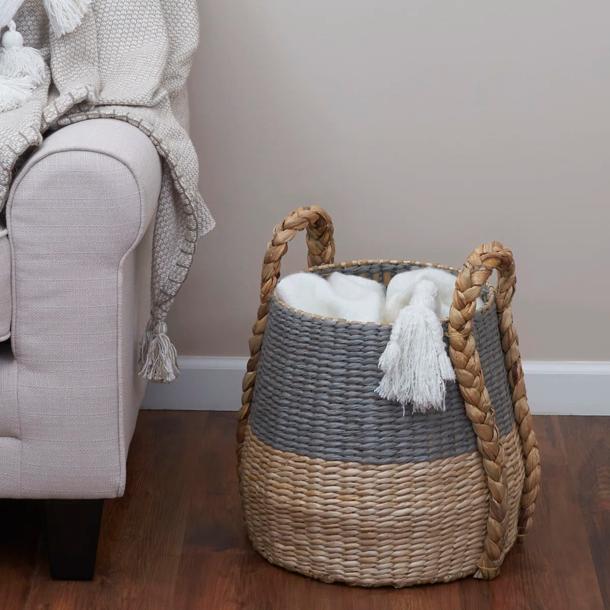 Handwoven Two-Tone Wicker Basket with Handles