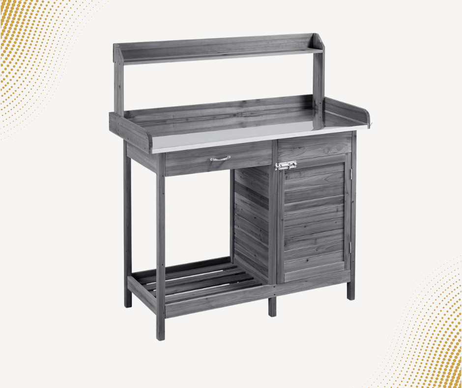 Outdoor Garden Potting Bench Table with Metal Worktop & Storage Shelves – Fir Wood Gardening Station