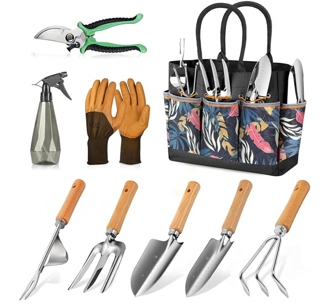 9-Piece Stainless Steel Gardening Tool Set with Floral Tote Bag – Heavy-Duty, Rust-Proof Garden Hand Tools for Women