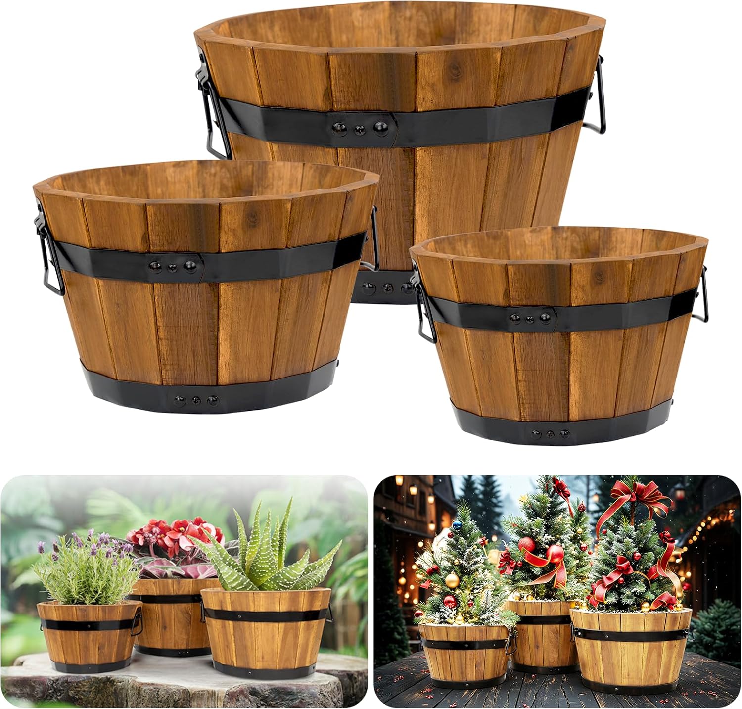 Set of 3 Wooden Barrel Planters – Durable Acacia Wood Flower Boxes with Handles & Drainage Holes for Outdoor Plants (Light Brown)