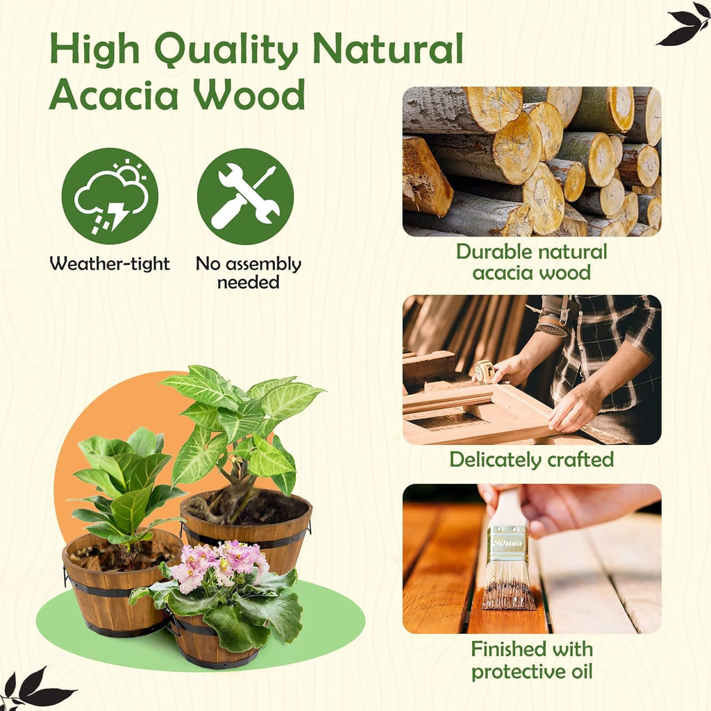 Set of 3 Wooden Barrel Planters – Durable Acacia Wood Flower Boxes with Handles & Drainage Holes for Outdoor Plants (Light Brown)