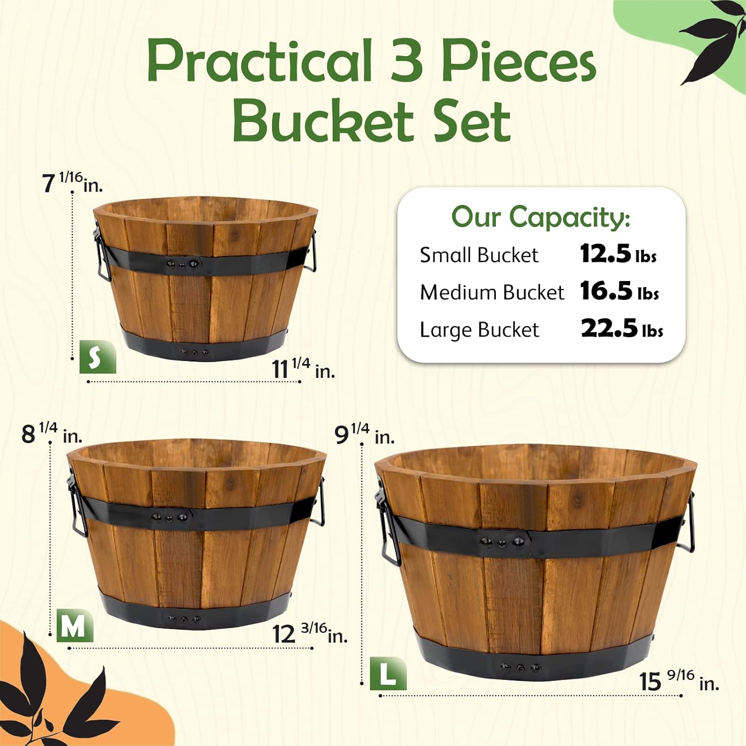 Set of 3 Wooden Barrel Planters – Durable Acacia Wood Flower Boxes with Handles & Drainage Holes for Outdoor Plants (Light Brown)