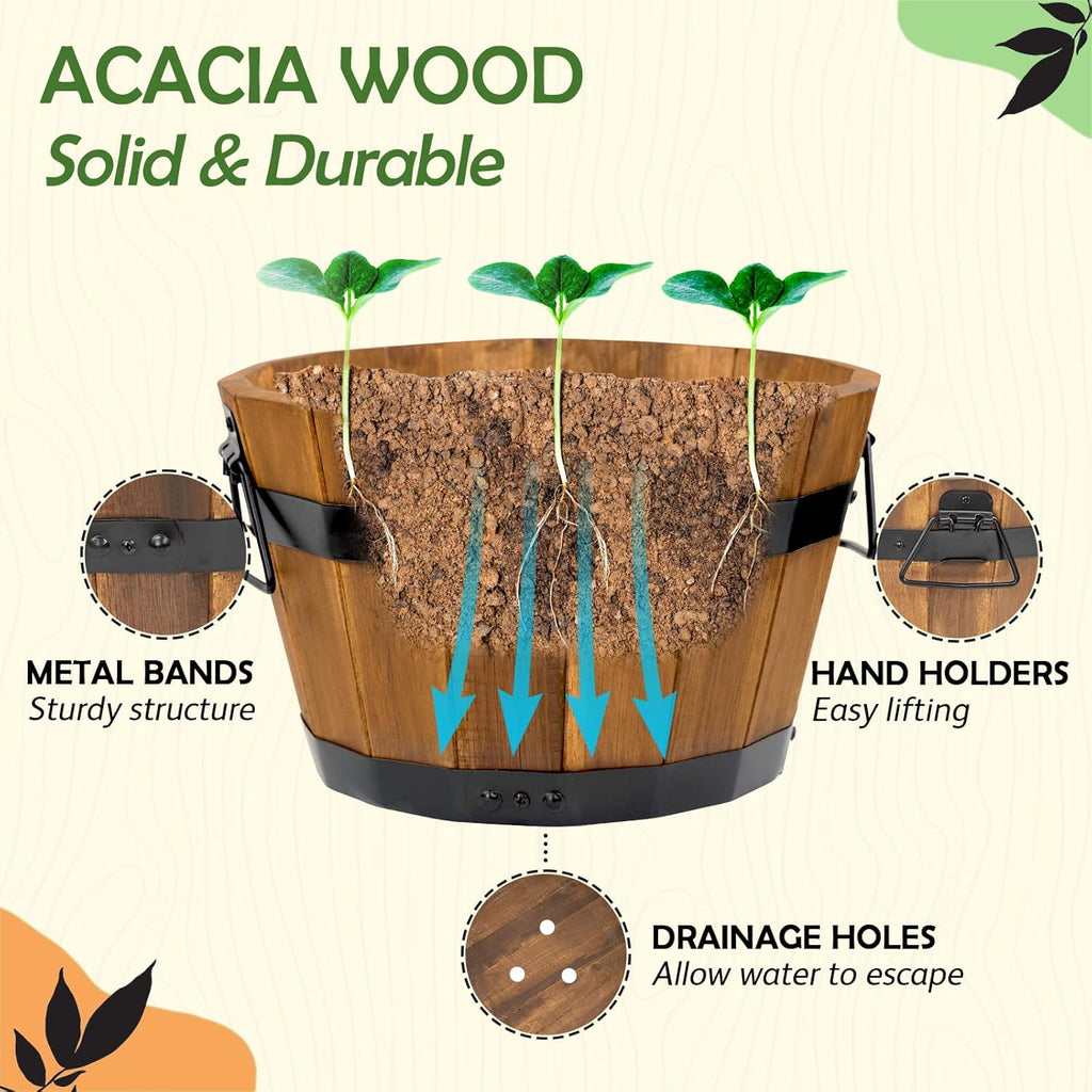 Set of 3 Wooden Barrel Planters – Durable Acacia Wood Flower Boxes with Handles & Drainage Holes for Outdoor Plants (Light Brown)