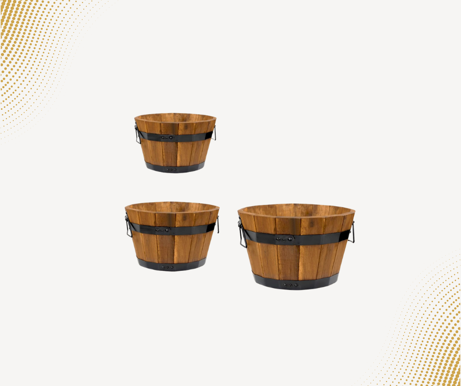 Set of 3 Wooden Barrel Planters – Durable Acacia Wood Flower Boxes with Handles & Drainage Holes for Outdoor Plants (Light Brown)