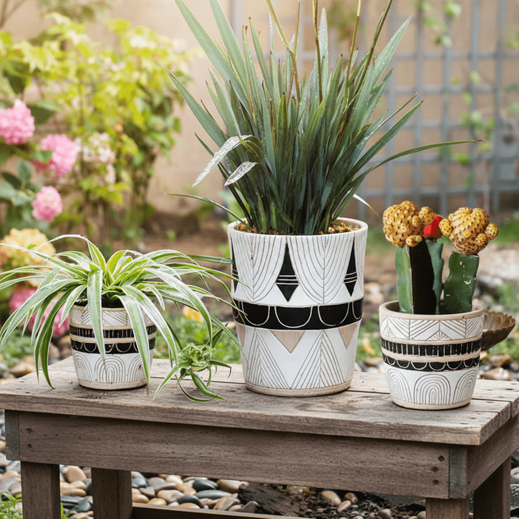 Egyptian Motif Tall Cement Planter - Outdoor Home Upgrades