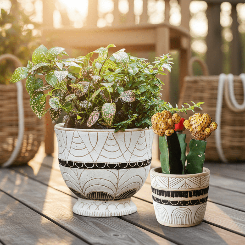 Egyptian Motif Tall Cement Planter - Outdoor Home Upgrades