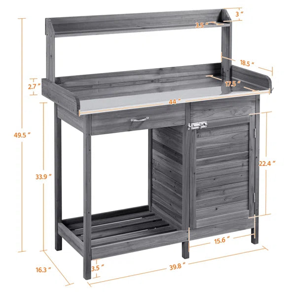 Outdoor Garden Potting Bench Table with Metal Worktop & Storage Shelves – Fir Wood Gardening Station