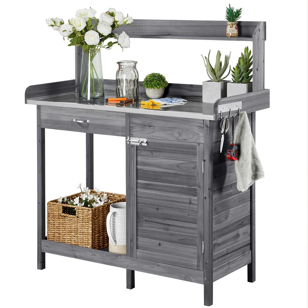 Outdoor Garden Potting Bench Table with Metal Worktop & Storage Shelves – Fir Wood Gardening Station