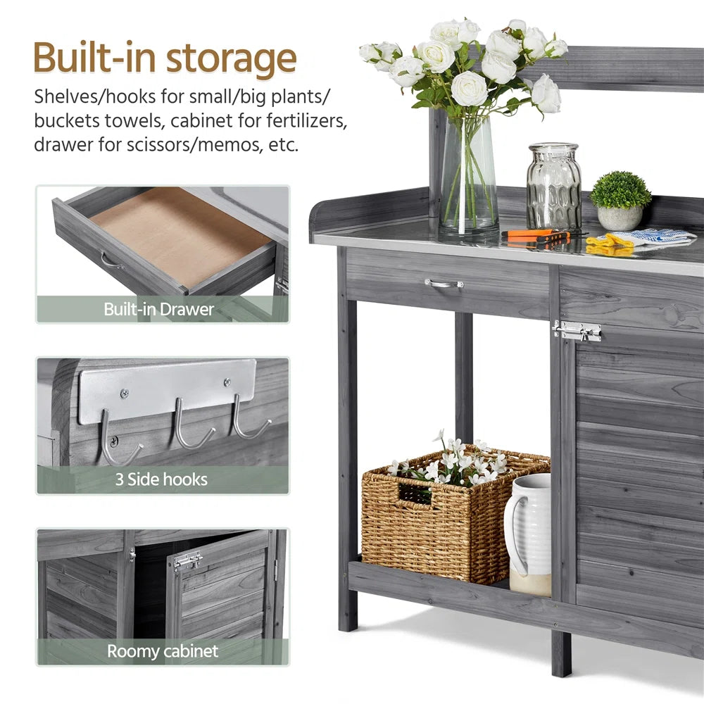 Outdoor Garden Potting Bench Table with Metal Worktop & Storage Shelves – Fir Wood Gardening Station