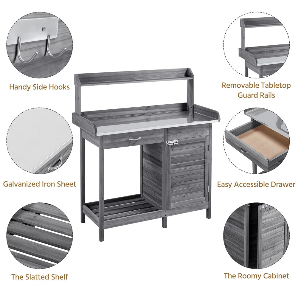Outdoor Garden Potting Bench Table with Metal Worktop & Storage Shelves – Fir Wood Gardening Station